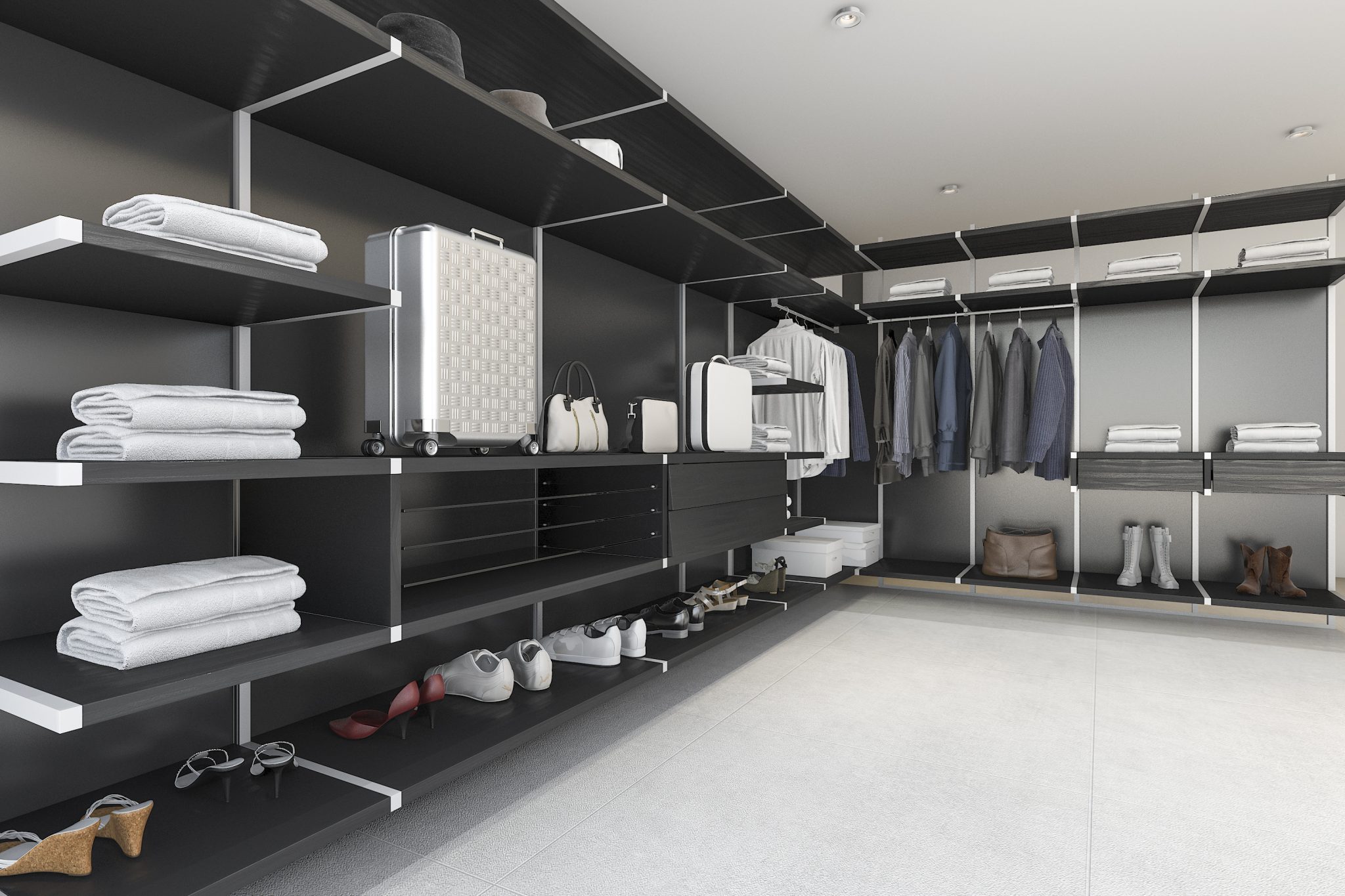 3d rendering modern black walk in closet with shirt and dress
